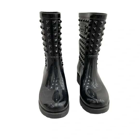 Valentino Black Rockstud Rubber Rain Boots Size 37 - Picture 4 of 8